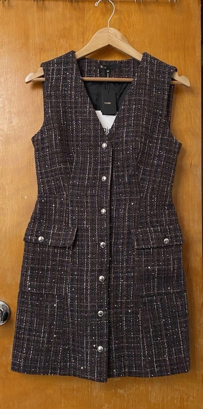 NWT MAJE Button Front Tweed Sequin Sleeveless Dress Marron Brown Size 36 $530
